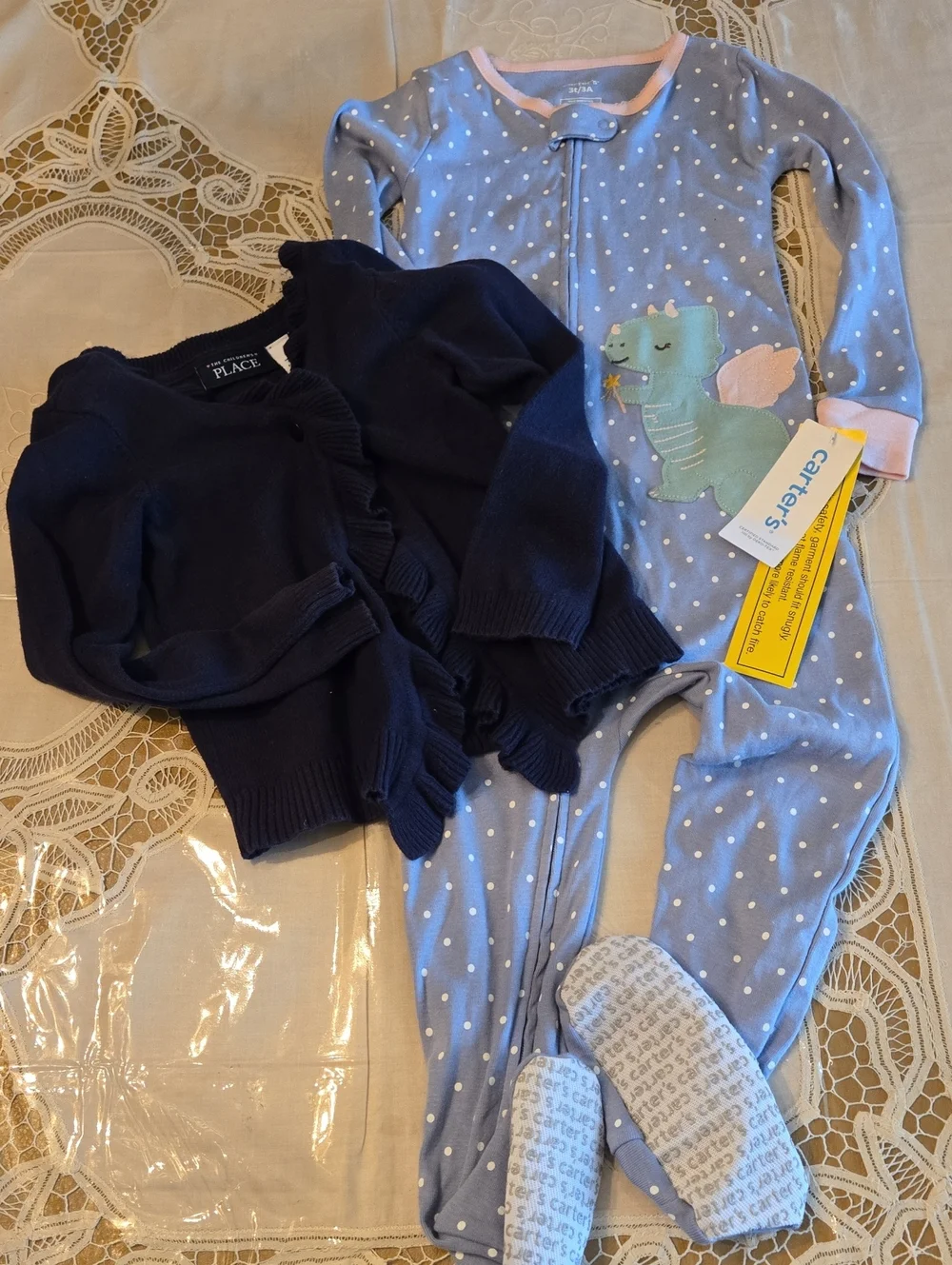 CARTER'S - Light Blue/Pink Footed Sleeper & CHILDRENS PLACE- Navy Sweater 3T